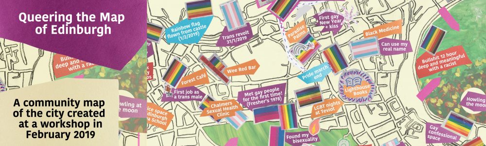 A map of Edinburgh with LGBT+ flags pinning important places to LGBT+ people in Edinburgh.