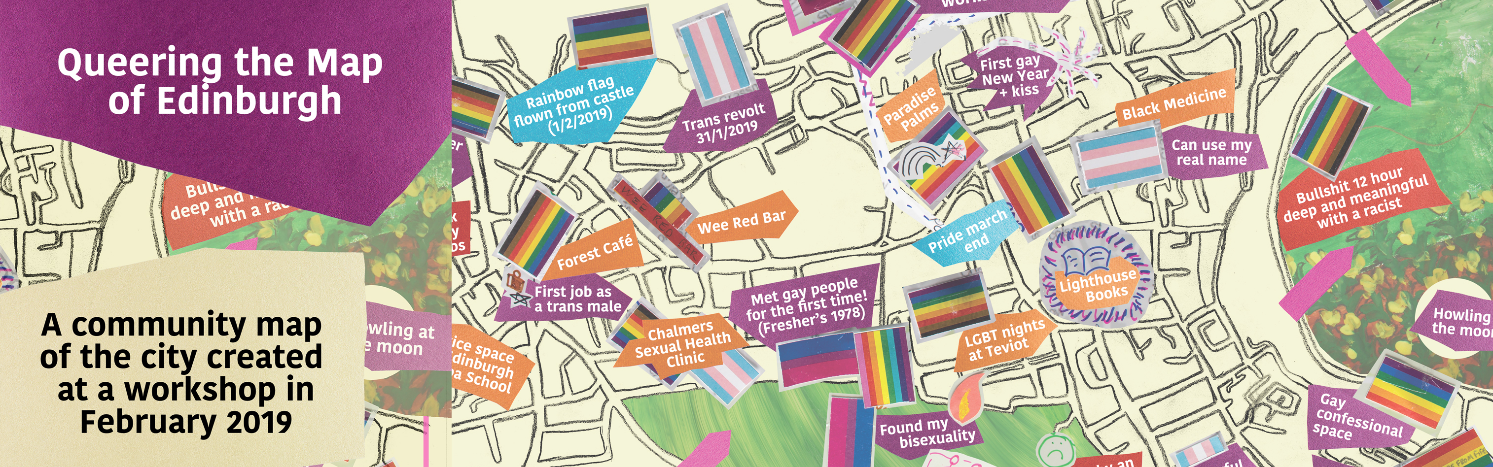 A map of Edinburgh with LGBT+ flags pinning important places to LGBT+ people in Edinburgh.