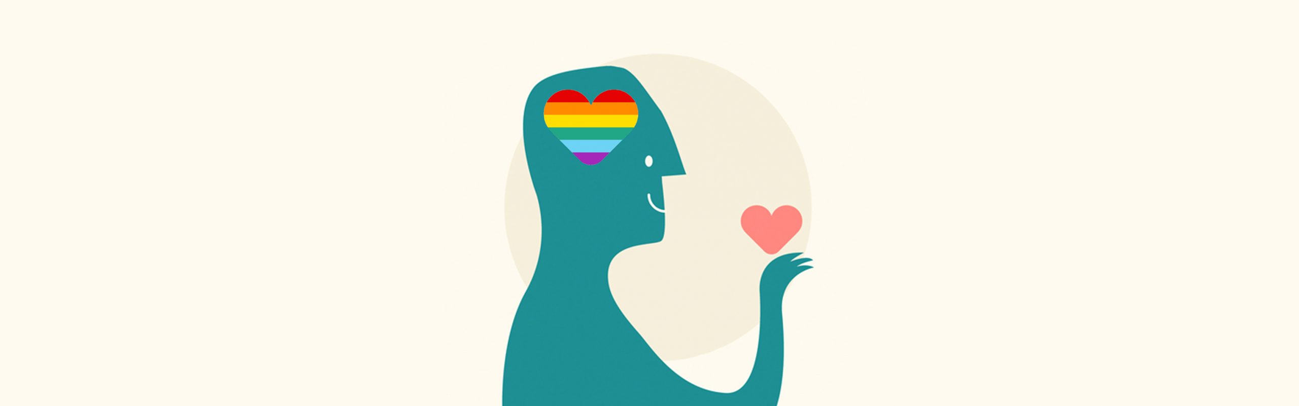LGBT inclusive mental health services: a teal human silhouette with a heart shaped brain in rainbow colours.