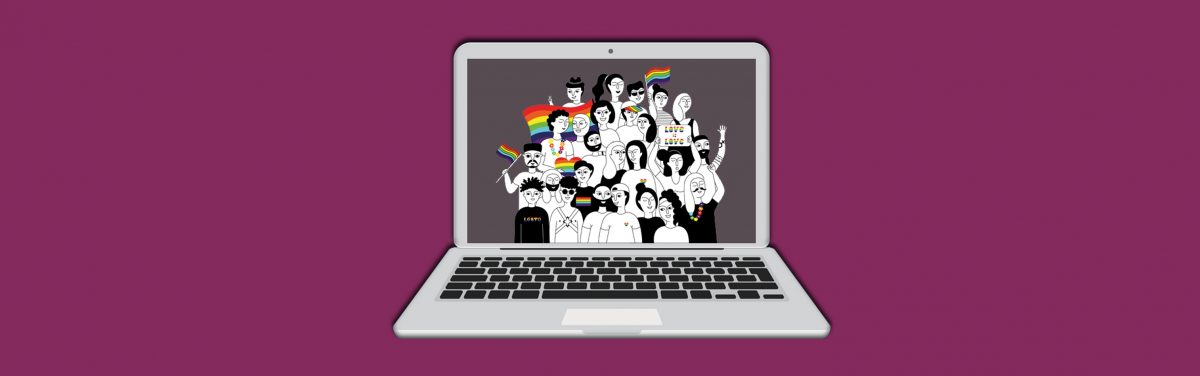 A laptop screening a group of diverse LGBTQ+ people celebrating Pride