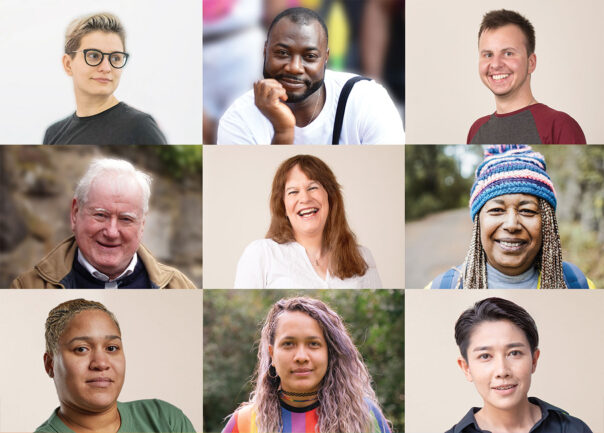 A collage of photo portraits representing a diverse range of LGBT+ people